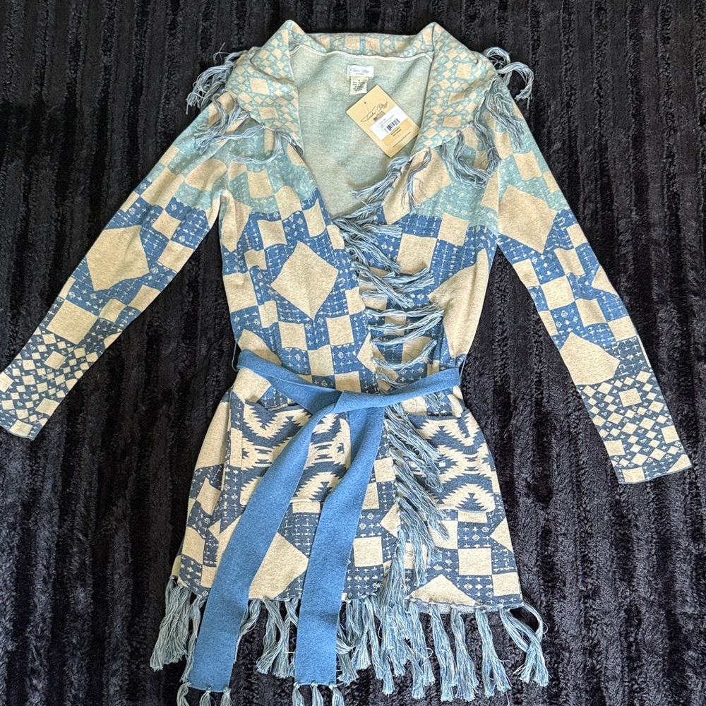 Tasha Polizzi Blue and Cream Patterned Fringe Cardigan